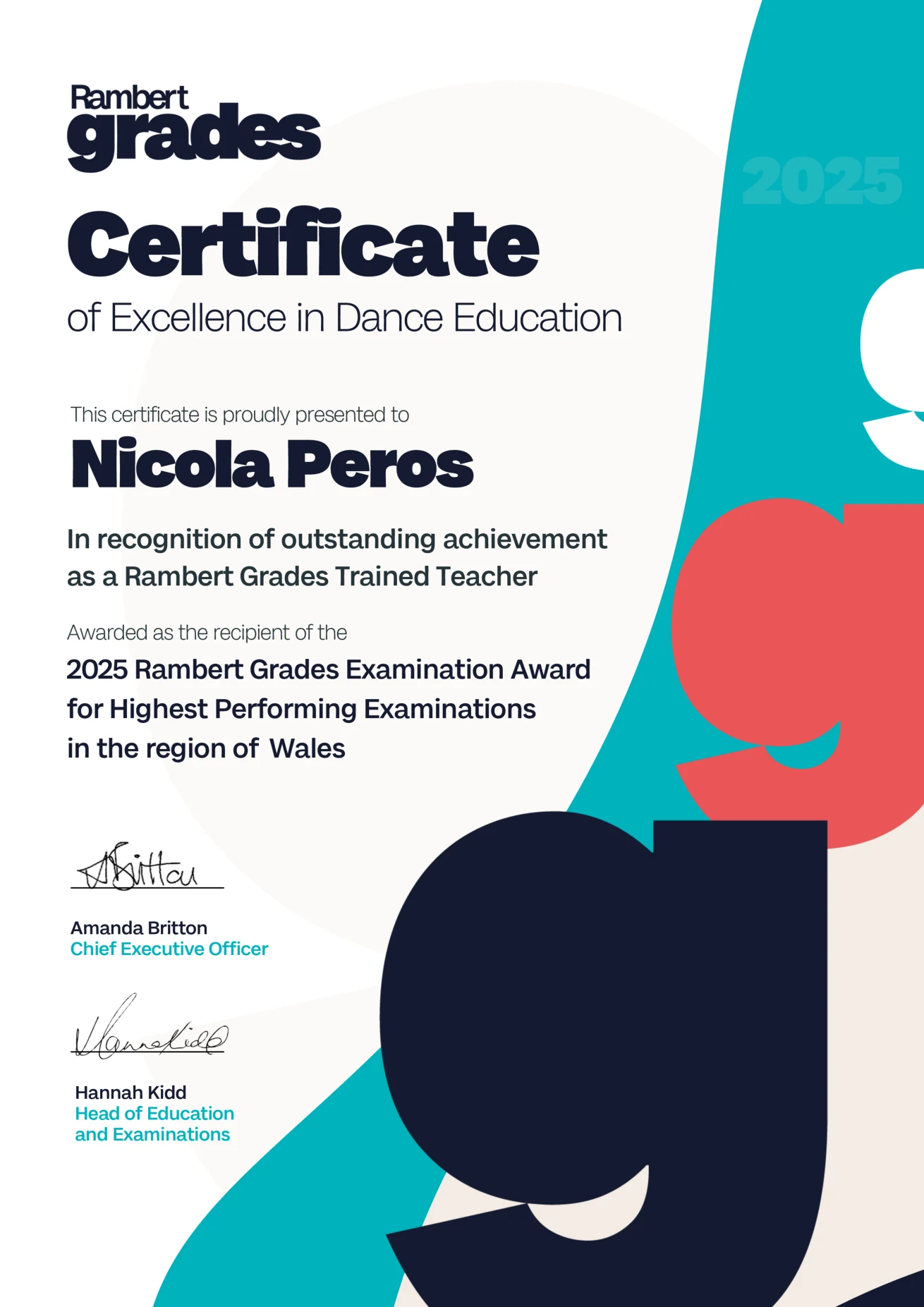 2025 Rambert Grades Certificate of Excellence recognising Nicola Peros for highest performing examinations in Wales